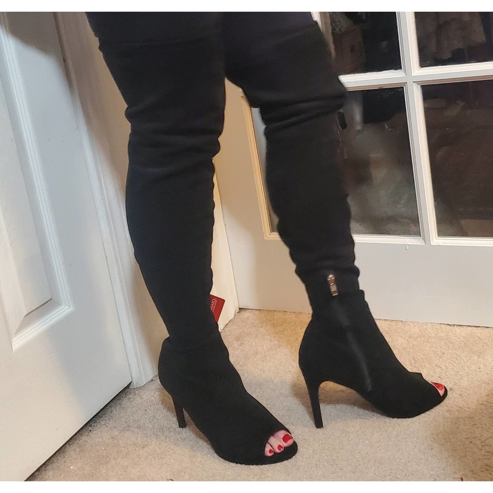 Hot Tomato Thigh High Faux Suede Peep Toe 4.5" Heel Boots NWT 12 M